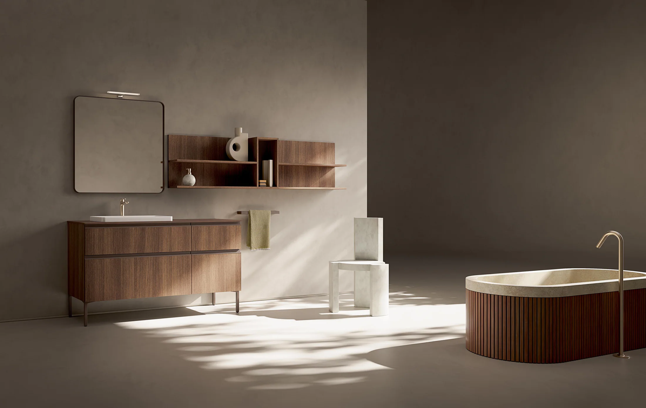 Salle de bain Compab bleu minéral ouverte sur la végétation