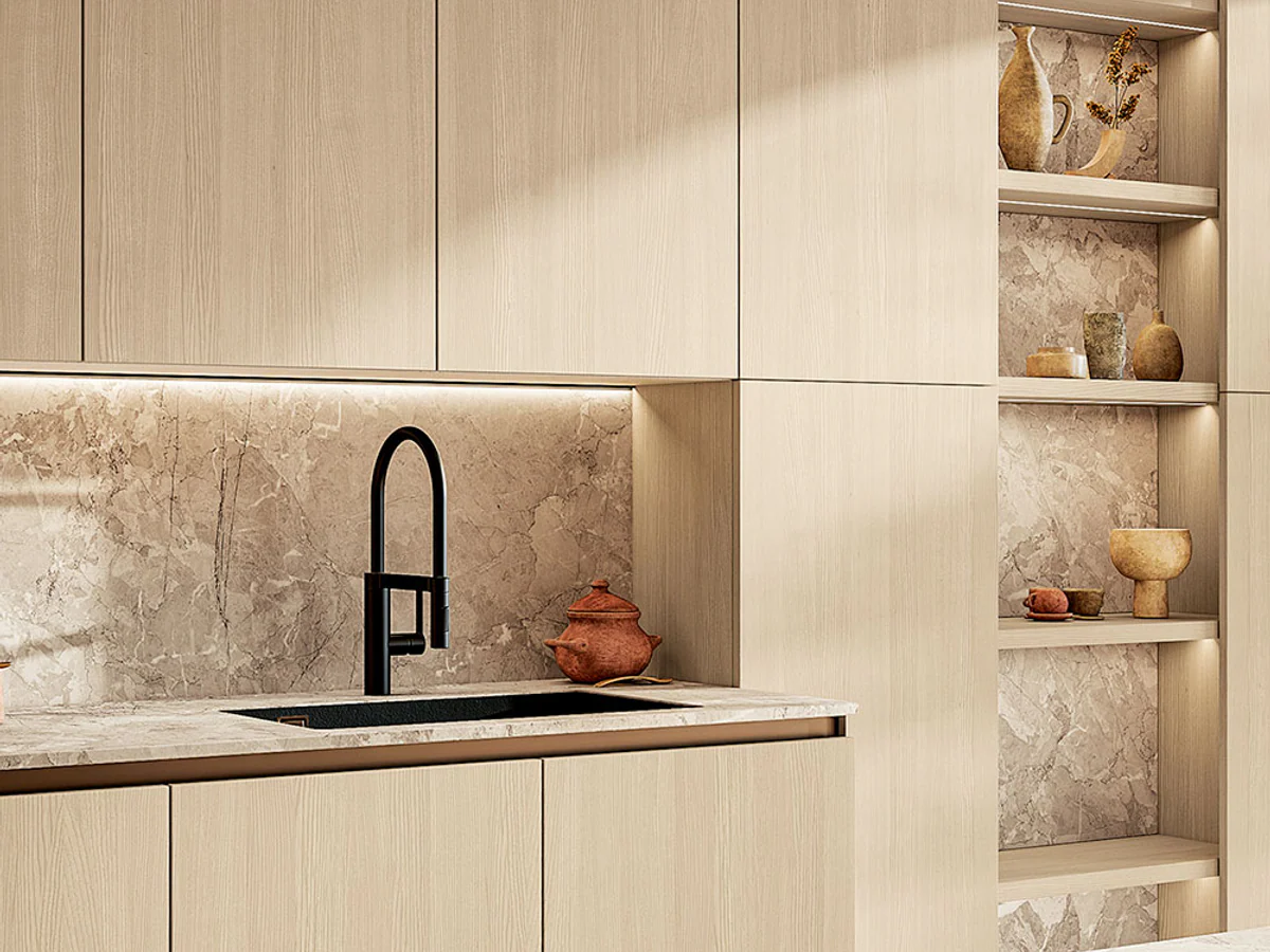 Cuisine Arrex en bois clair et pierre beige